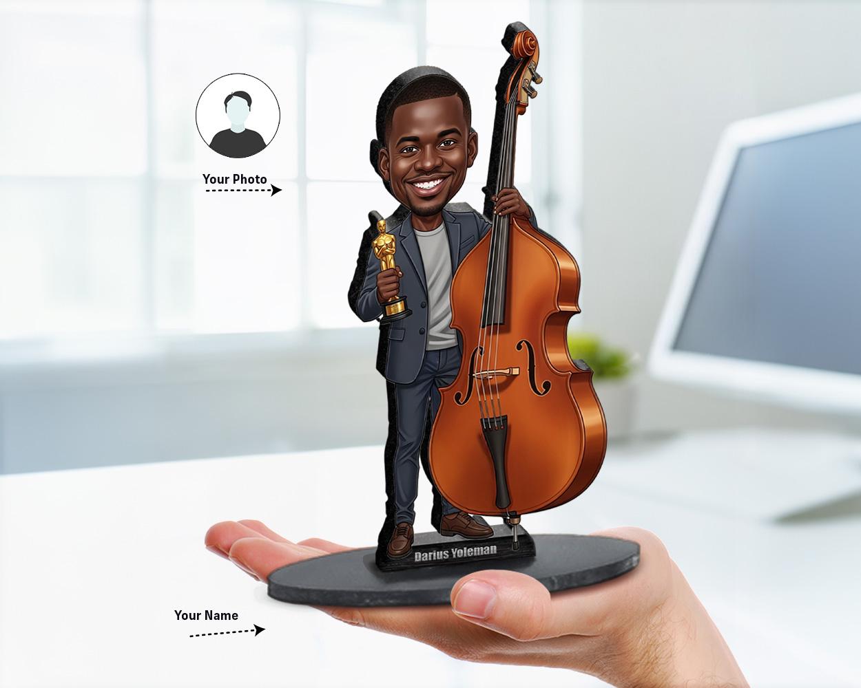 Personalized big-head caricature portrait from your photo of an African American male double bassist in a suit holding a trophy and a double bass, available as custom figurine, magnet, keychain, or car charm.
