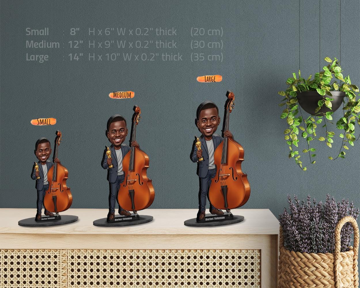 Personalized African American Male Double Bassist Figurine | Music Award Caricature from Your Photo | Custom Figurine & Magnet