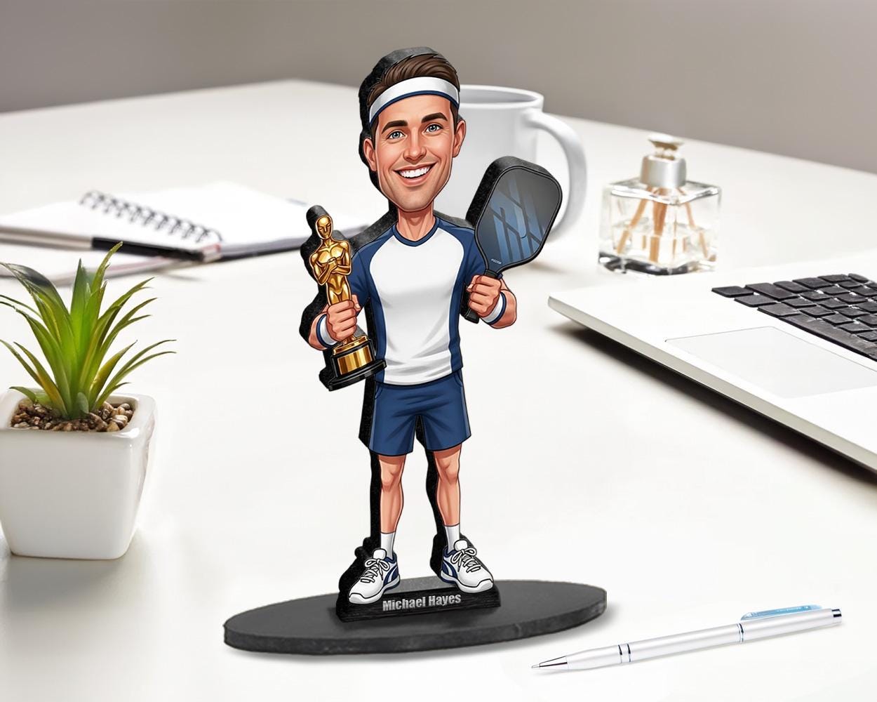 Personalized Male Pickleball Champion Figurine | Award Caricature Portrait from Your Photo | Custom Figurine, Magnet, Keychain & Car Charm