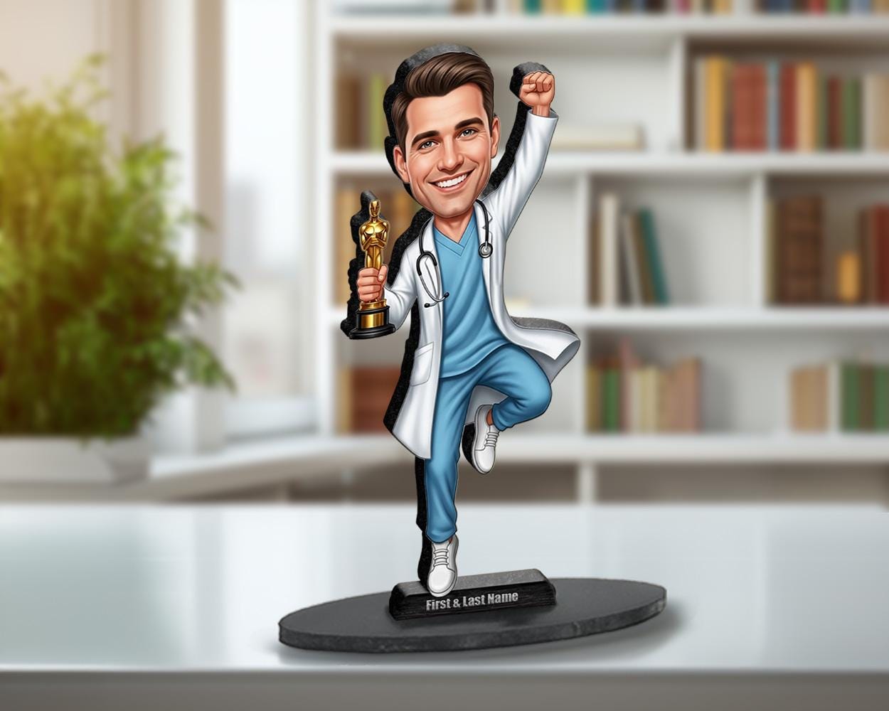Male Medical Doctor Figurine | Personalized Healthcare Award Caricature | Custom Figurine, Magnet, Keychain & Car Charm