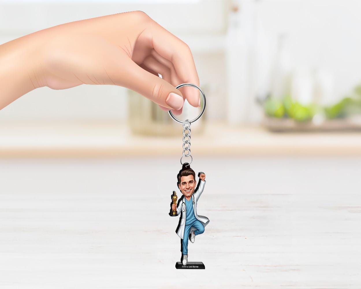 Male Medical Doctor Figurine | Personalized Healthcare Award Caricature | Custom Figurine, Magnet, Keychain & Car Charm