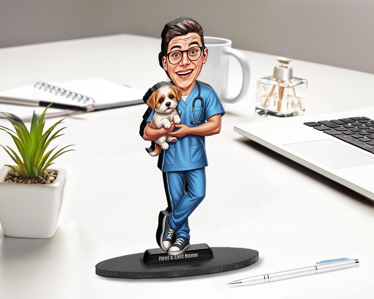 Male Veterinarian Figurine | Personalized Veterinary Caricature Gift from Your Photo and Name | Custom Figurine Magnet Keychain Car Charm