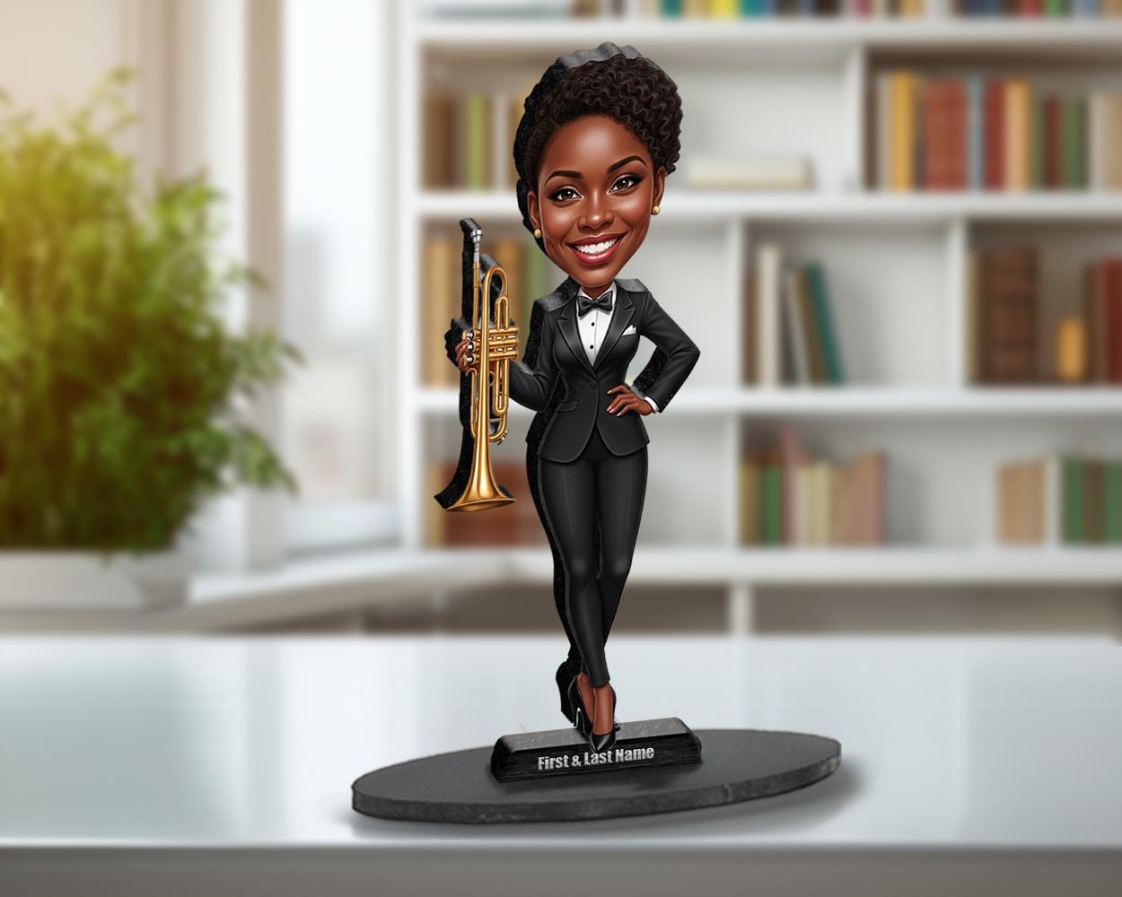 African American Female Trumpet Figurine | Personalized Jazz Musician Caricature Gift from Your Photo | Custom Figurine Magnet Keychain