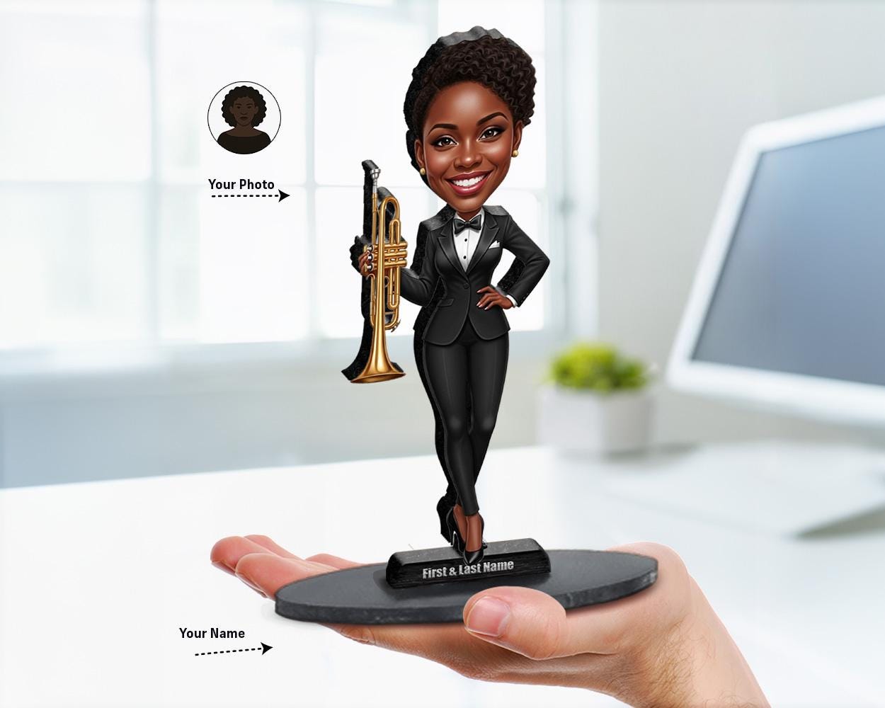 Big-head caricature of an African American female trumpet player in tuxedo holding trumpet, printed on wood or acrylic with nameplate, standing pose.