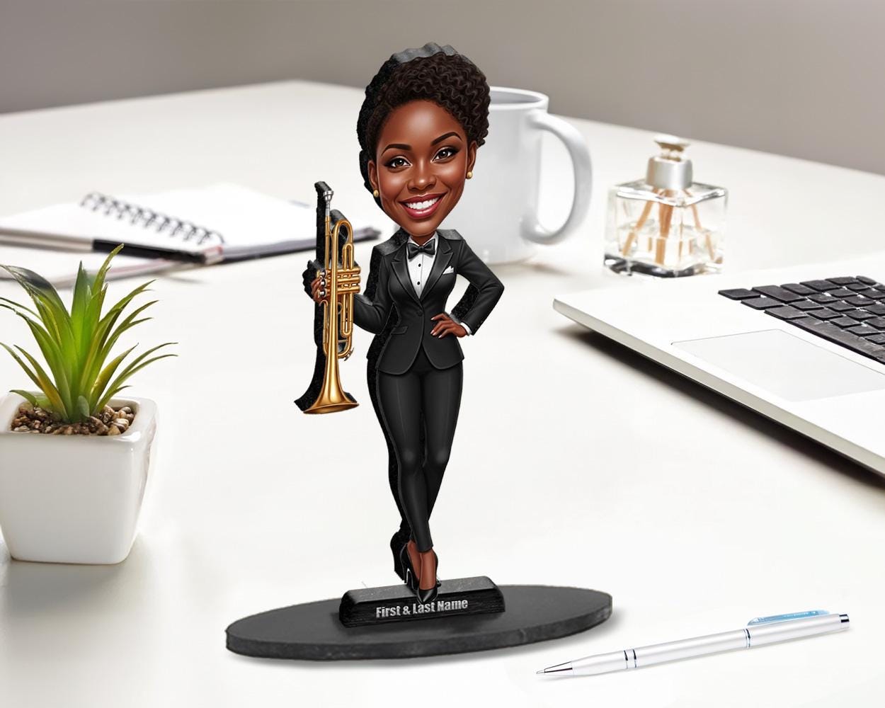 African American Female Trumpet Figurine | Personalized Jazz Musician Caricature Gift from Your Photo | Custom Figurine Magnet Keychain