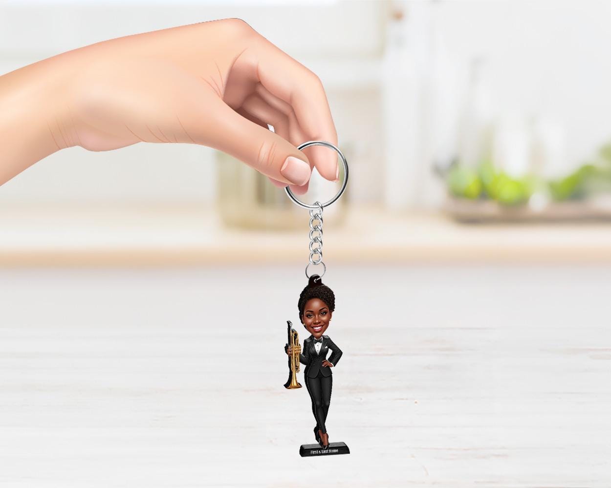 African American Female Trumpet Figurine | Personalized Jazz Musician Caricature Gift from Your Photo | Custom Figurine Magnet Keychain