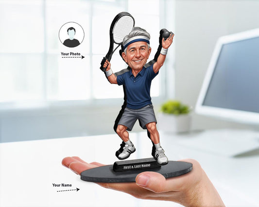 Big-head caricature of a squash player holding racket and ball, available in male and female models with different skin tones, printed on wood or acrylic with personalized nameplate, white background.