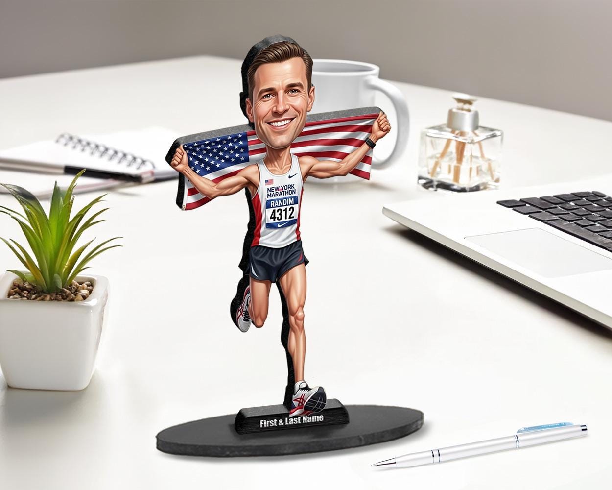 Patriotic Marathon Finisher Gift | Custom USA Runner Figurine from Your Photo | Personalized Race Day Caricature, Magnet, Keychain, CarCharm