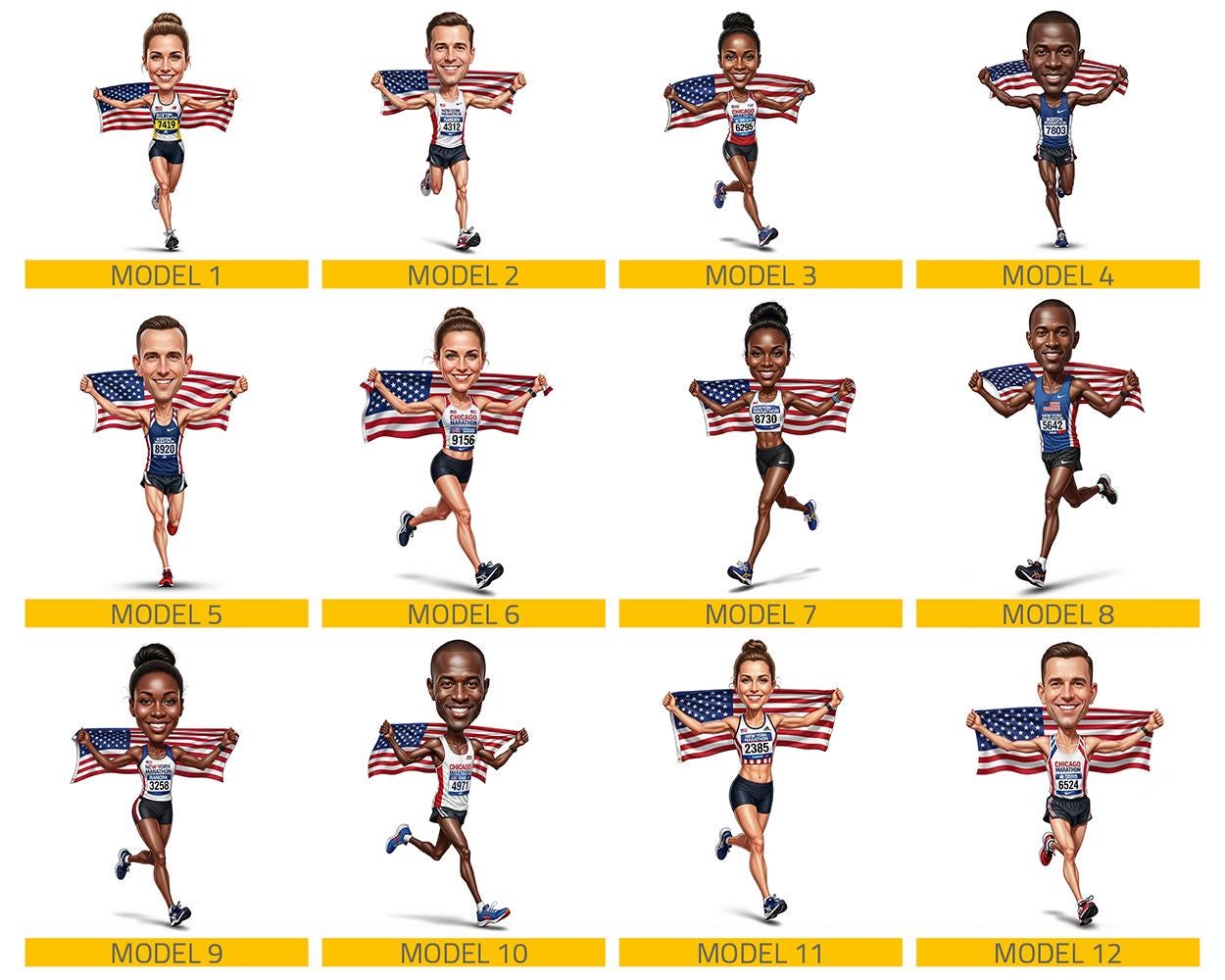Patriotic Marathon Finisher Gift | Custom USA Runner Figurine from Your Photo | Personalized Race Day Caricature, Magnet, Keychain, CarCharm