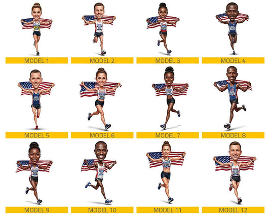 Patriotic Marathon Finisher Gift | Custom USA Runner Figurine from Your Photo | Personalized Race Day Caricature, Magnet, Keychain, CarCharm