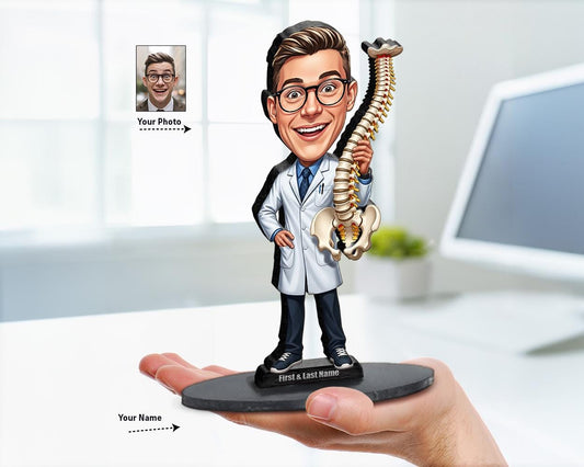 Big-head caricature of a chiropractor or orthopedic doctor with spine model, skeleton, or x-ray, printed on wood or acrylic figurine with nameplate, white background.