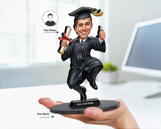 Personalized graduation caricature figurine with cap, gown, and diploma. Custom from photo, available as wooden figurine, magnet, keychain, or car charm. Perfect gift for college, high school, and university graduates.