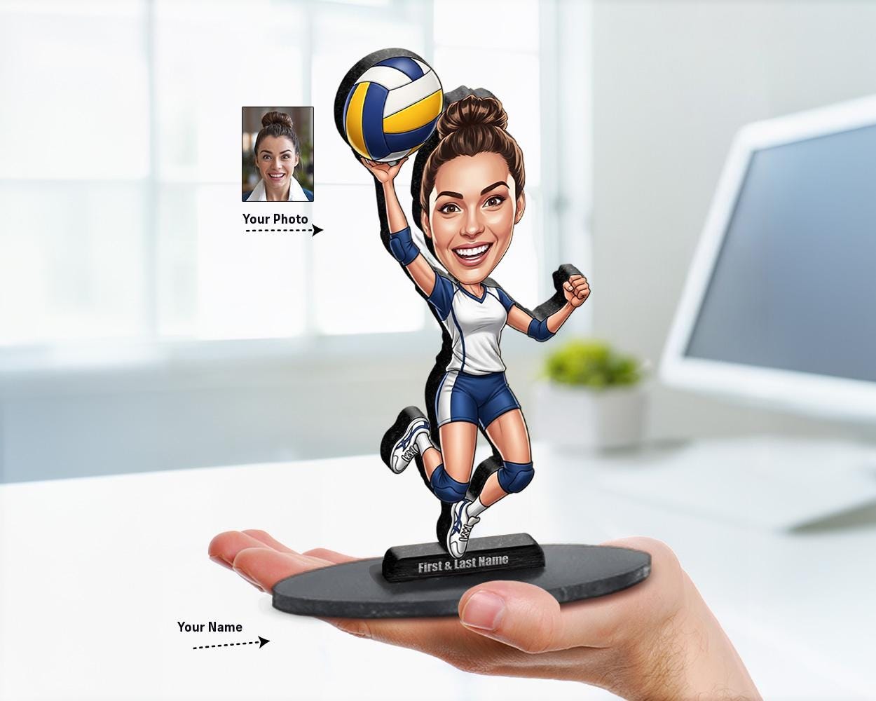 Big-head caricature figurines of volleyball players in indoor, snow, and beach uniforms, printed on wood or acrylic, standing poses, white background.