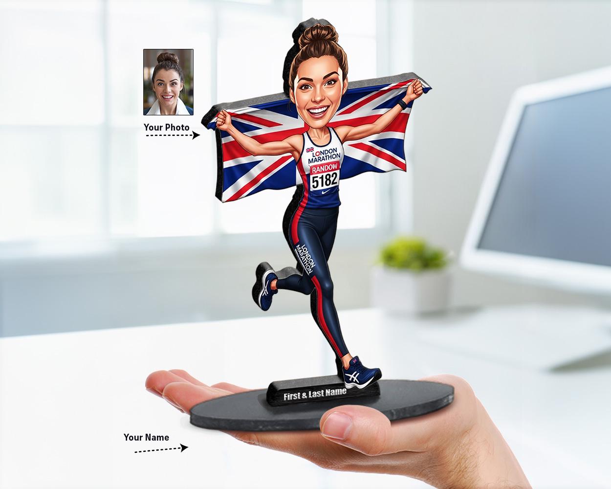 Big-head caricature of a marathon runner holding a country flag, printed on wood or acrylic, standing pose, white background.