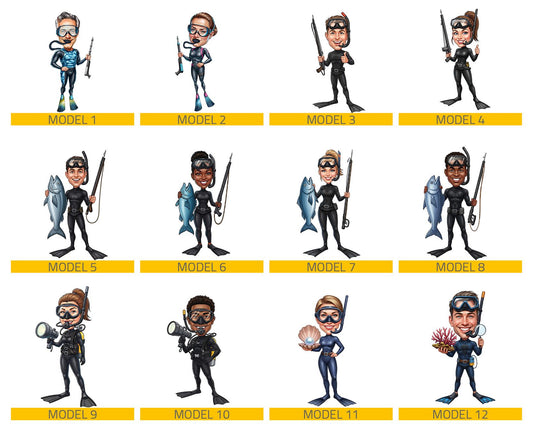 Personalized Spearfishing Diver Figurine | Custom Freediver Caricature from Your Photo | Underwater Hunter Figurine, Magnet, Keychain