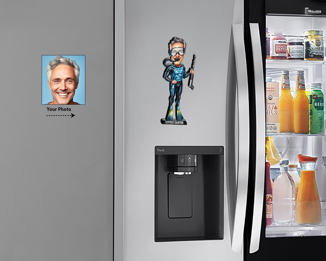 Personalized Spearfishing Diver Figurine | Custom Freediver Caricature from Your Photo | Underwater Hunter Figurine, Magnet, Keychain