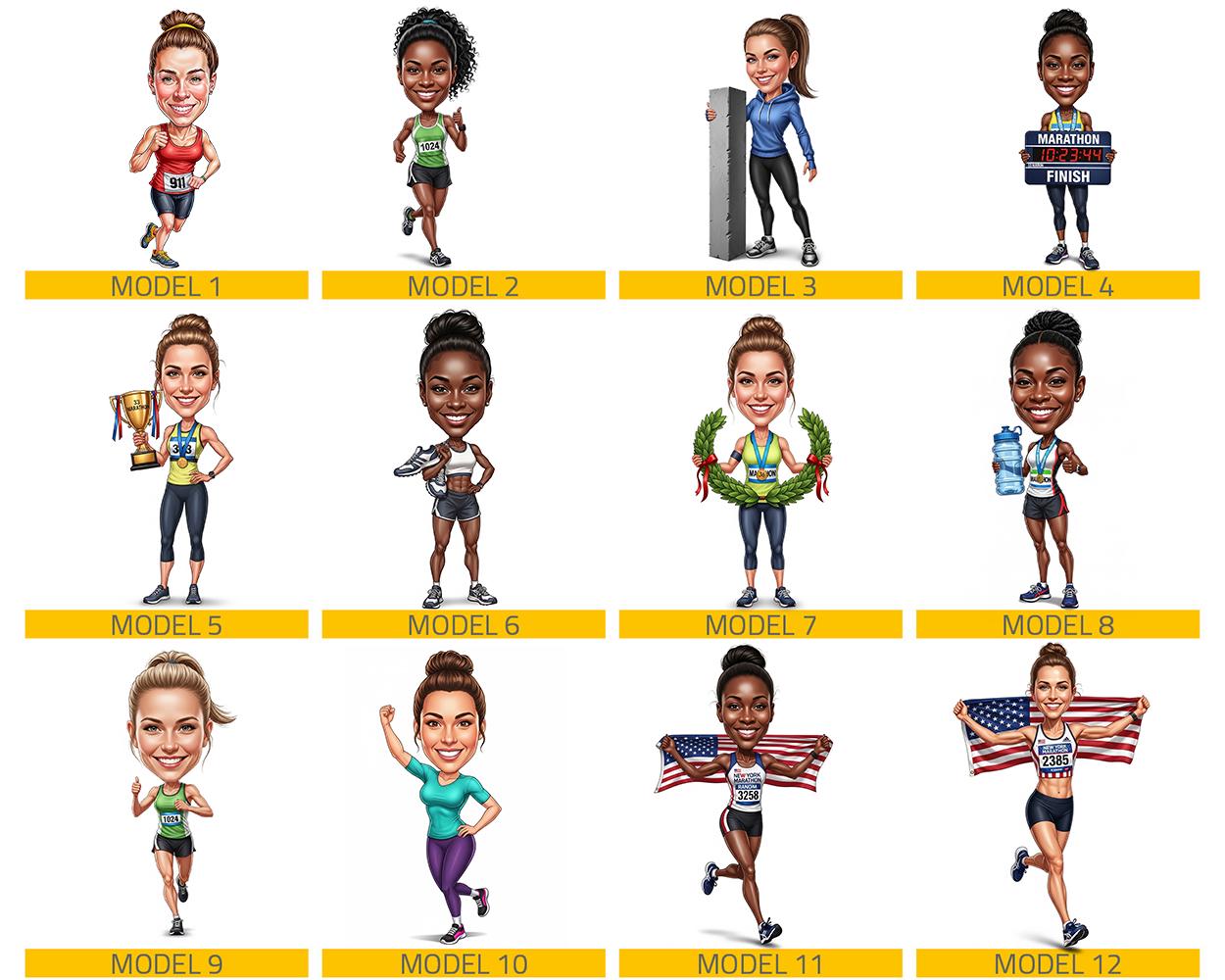 Custom Female Marathon Runner Figurine | Personalized Running Trophy Gift from Your Photo | Caricature Figurine, Magnet, Keychain & CarCharm