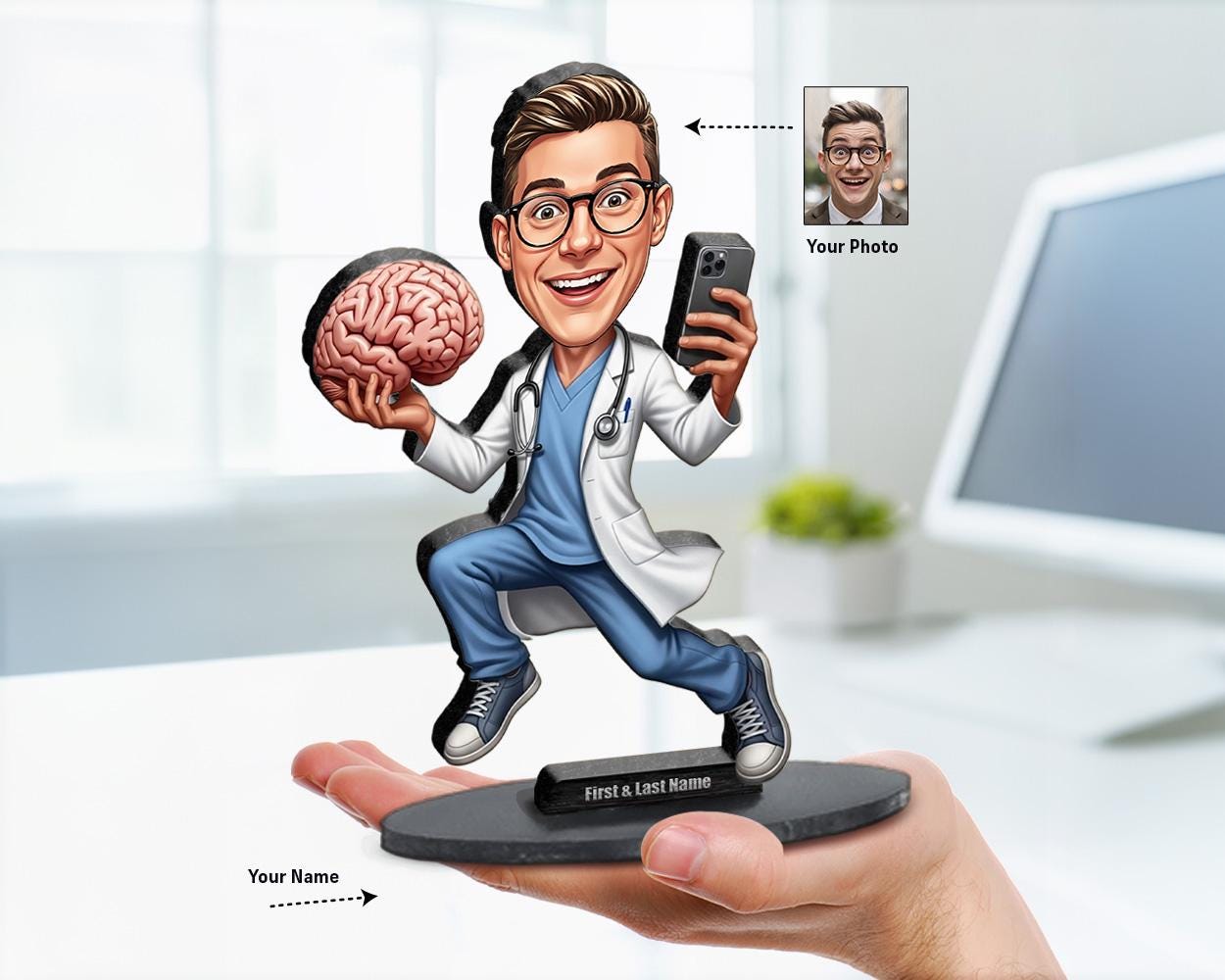 Big-head caricature of a brain surgeon or neuroscience doctor with props like MRI scans, brain models, or medical books, printed on wood or acrylic with a nameplate base, white background.