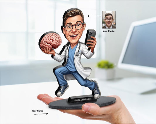 Big-head caricature of a brain surgeon or neuroscience doctor with props like MRI scans, brain models, or medical books, printed on wood or acrylic with a nameplate base, white background.
