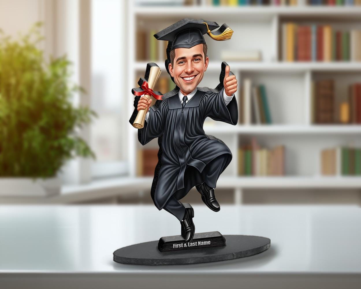 Personalized Graduation Gift | Custom Graduate Figurine from Photo | Funny College & University Caricature, Magnet, Keychain, Car Charm
