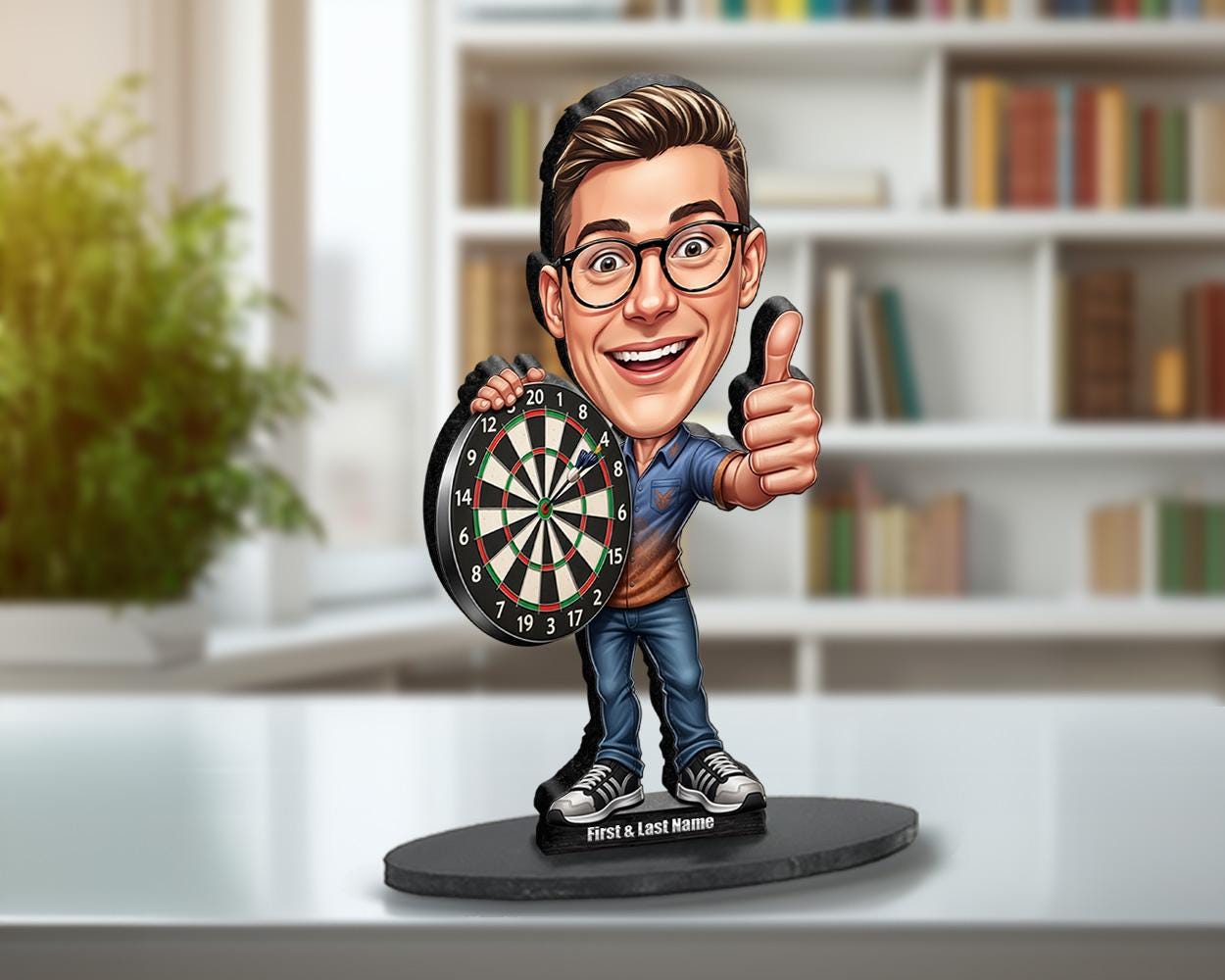 Custom Darts Player Gift | Personalized Bullseye Caricature Figurine for Pub Champion or Man Cave Decor | Funny Trophy, Magnet & Keychain