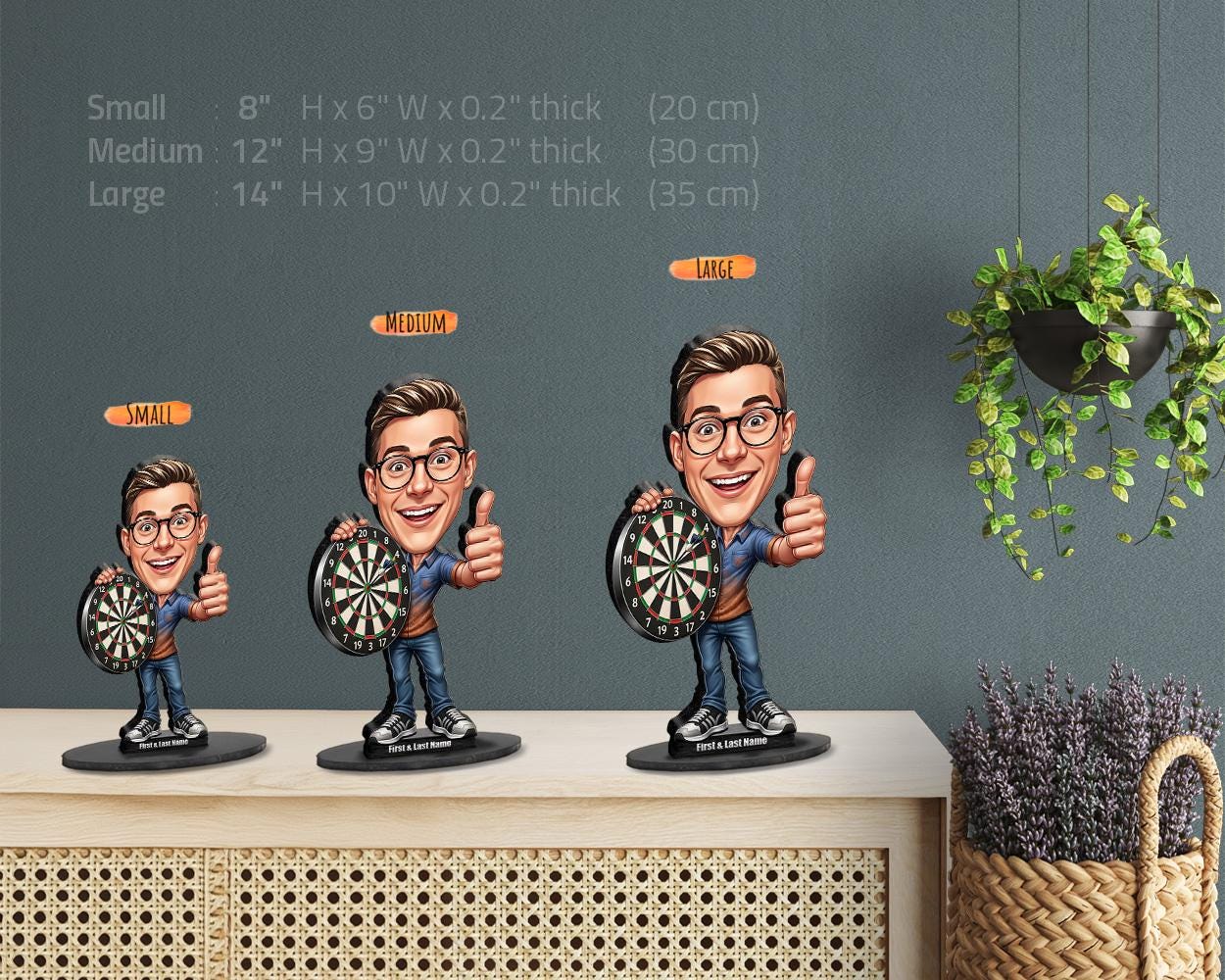 Custom Darts Player Gift | Personalized Bullseye Caricature Figurine for Pub Champion or Man Cave Decor | Funny Trophy, Magnet & Keychain