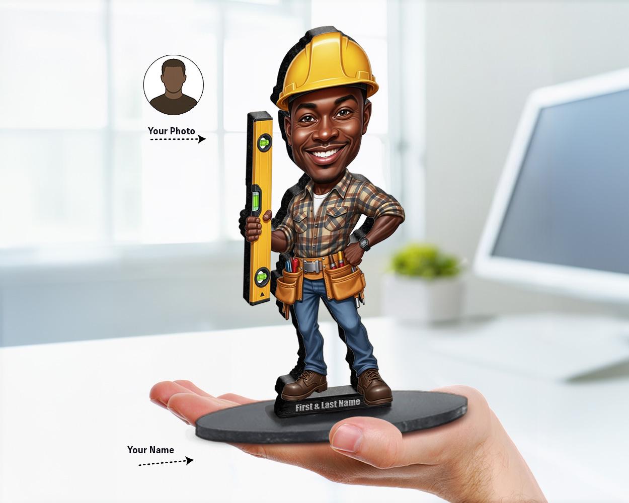 Big-head caricature of a male civil engineer in hard hat holding blueprints, printed on wood or acrylic, standing pose, white background.