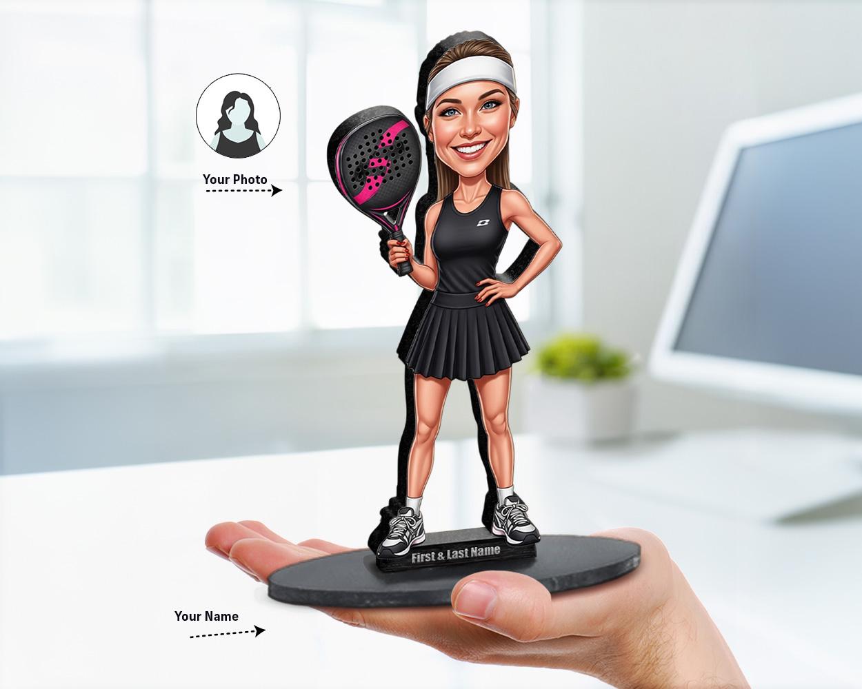 Big-head caricature of a padel tennis player holding racket and ball, printed on wood or clear acrylic, standing pose, white background.