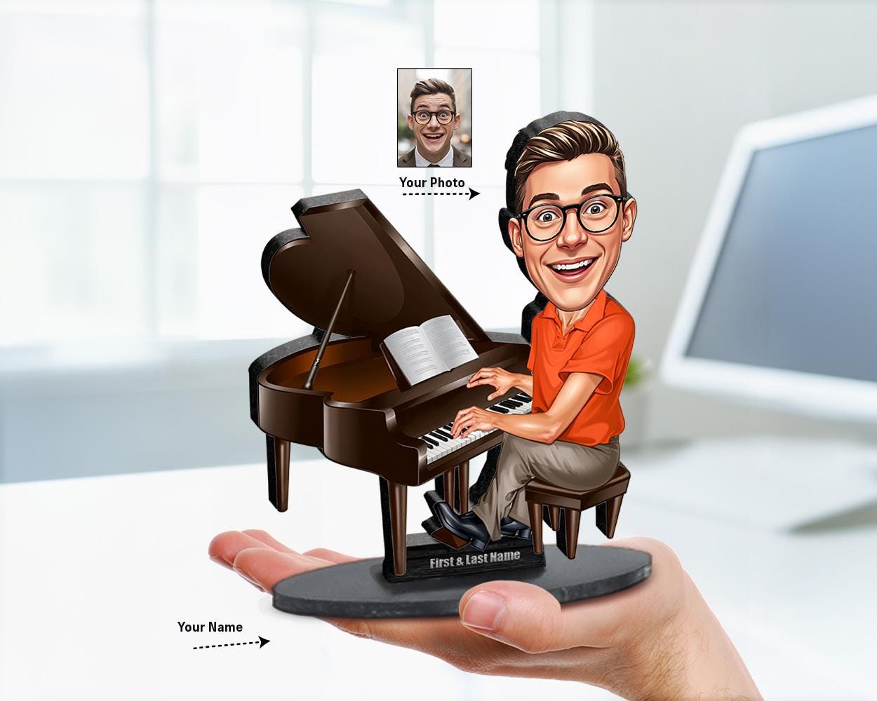 Personalized Pianist Gift | Piano Teacher Caricature Portrait From Your Photo | Funny Gift Sets with Your Photo & Name | PY0137