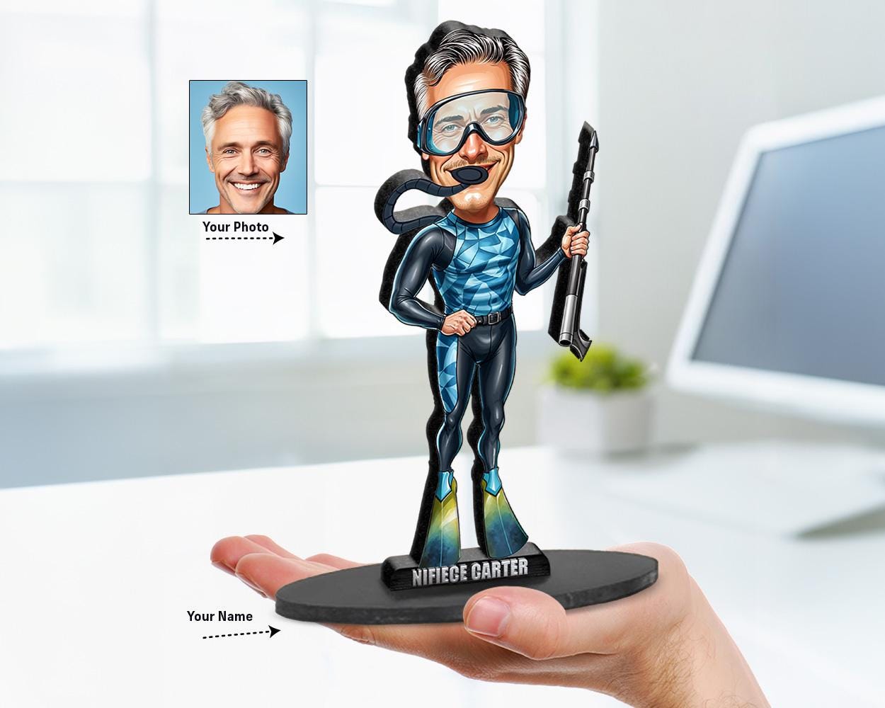 Personalized Spearfishing Diver Figurine | Custom Freediver Caricature from Your Photo | Underwater Hunter Figurine, Magnet, Keychain