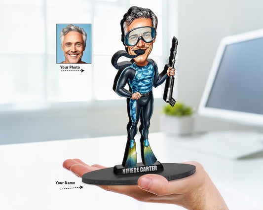 Personalized Spearfishing Diver Figurine | Custom Freediver Caricature from Your Photo | Underwater Hunter Figurine, Magnet, Keychain