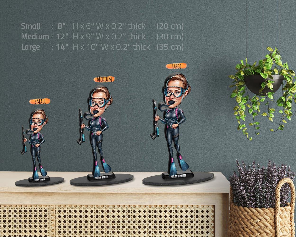 Personalized Spearfishing Diver Figurine | Custom Freediver Caricature from Your Photo | Underwater Hunter Figurine, Magnet, Keychain