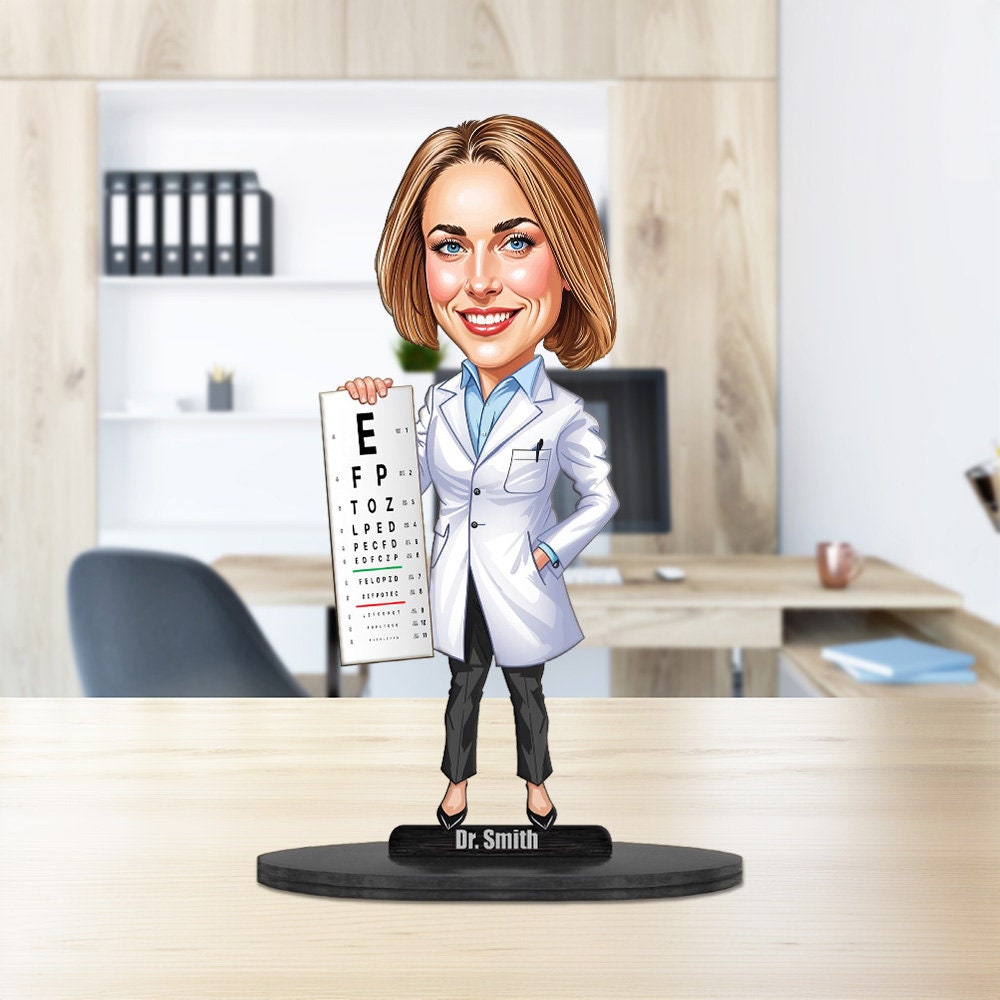 Optometrist Gift | Optician | Eye Doctor Gift | Caricature Portrait From Your Photo | Personalized Wooden Cartooned Figurine Trinket