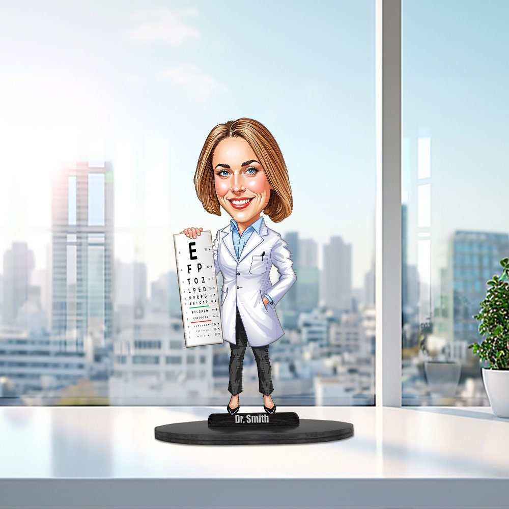 Optometrist Gift | Optician | Eye Doctor Gift | Caricature Portrait From Your Photo | Personalized Wooden Cartooned Figurine Trinket