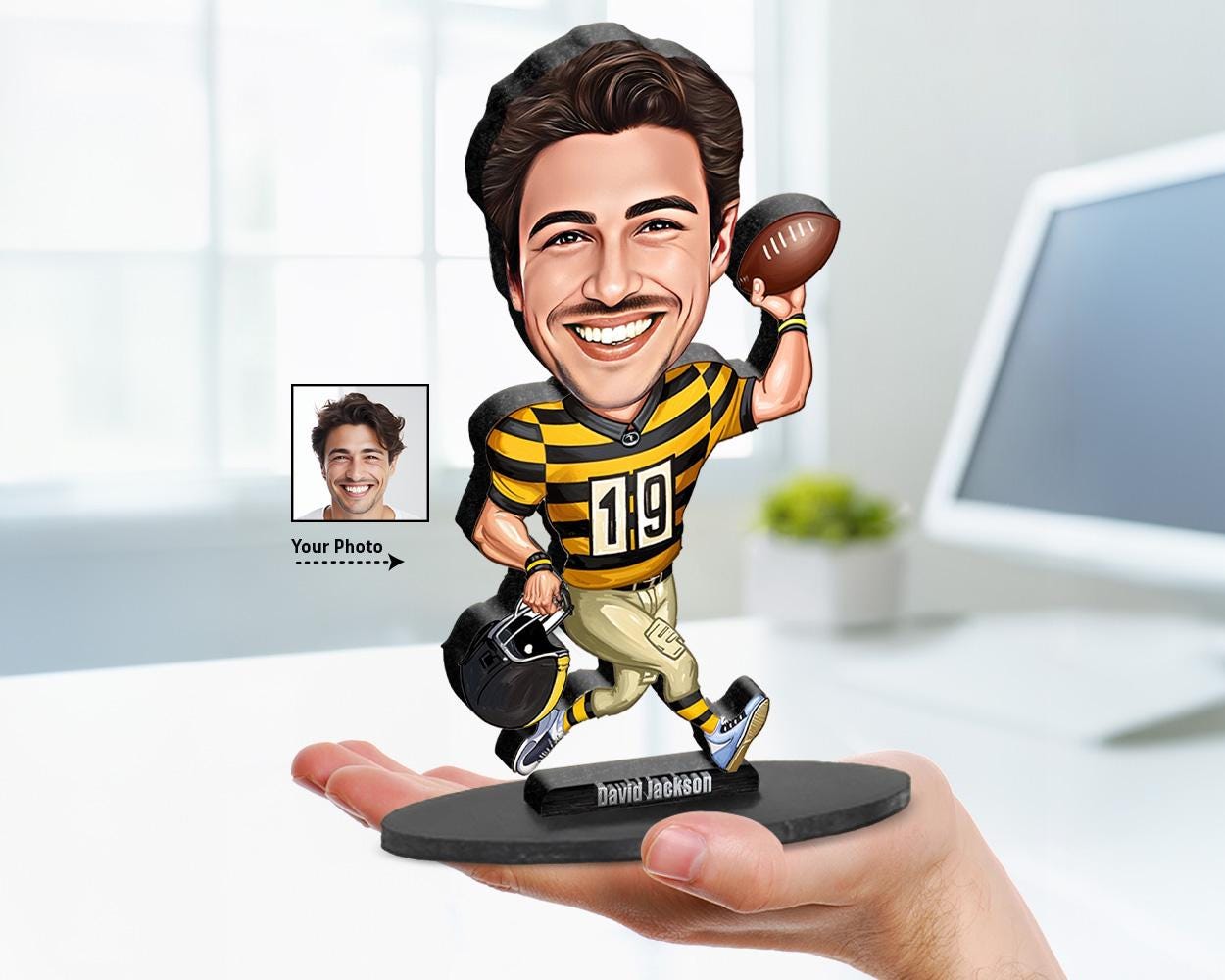 Custom Football Player Gift – Personalized Sports Figurine, Magnet, Keychain & Car Charm – Funny Coach or Athlete Caricature from Your Photo