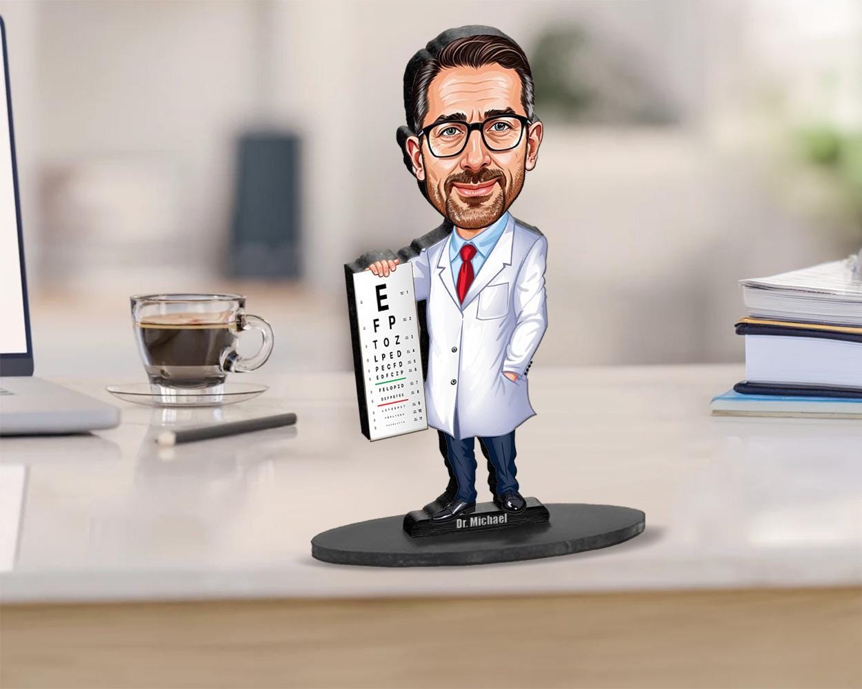 Optometrist Gift | Optician | Eye Doctor Gift | Caricature Portrait From Your Photo | Personalized Wooden Cartooned Figurine Trinket