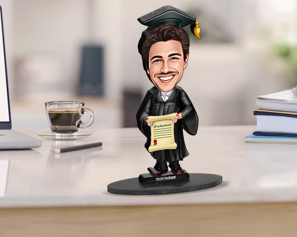 Custom Male Graduation Gift – Personalized Funny Figurine, Magnet, Keychain & Car Charm – Unique Portrait from Your Photo