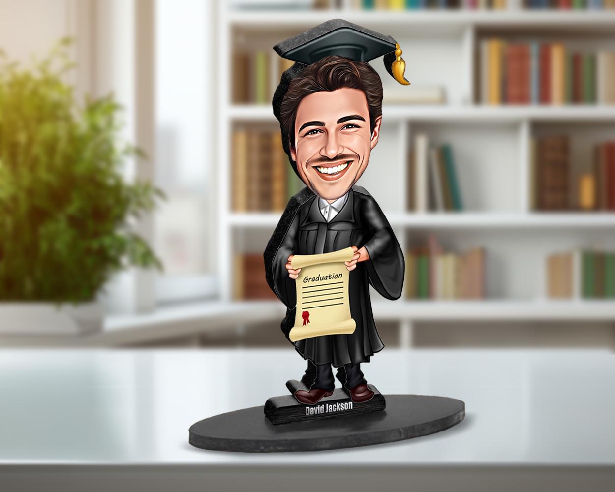 Custom Male Graduation Gift – Personalized Funny Figurine, Magnet, Keychain & Car Charm – Unique Portrait from Your Photo