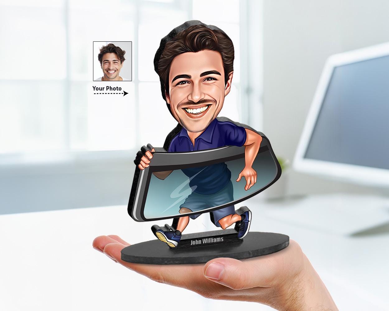 Custom glazier caricature figurine holding glass panels and tools, personalized gift for auto glass installers, window fitters, and construction workers.