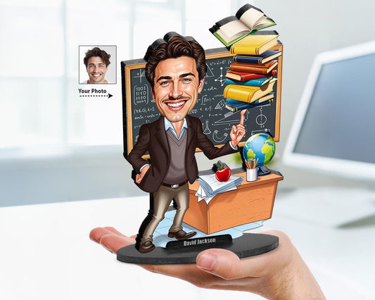 Big-head cartoon caricature of a male math or science teacher in classroom with books, chalkboard and globe – custom gift from photo.