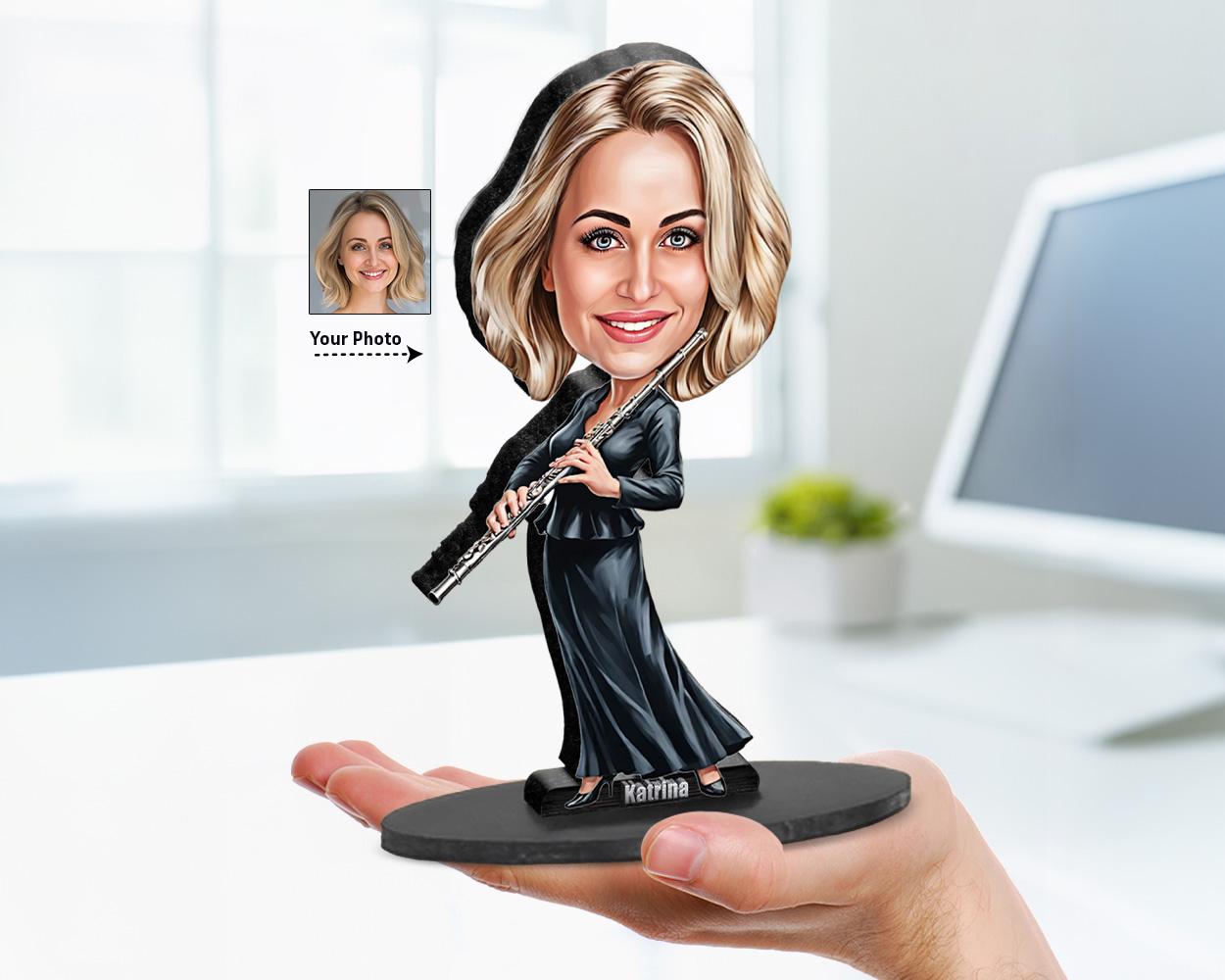 Custom caricature flute player figurine made from photo, personalized musician gift for flute teachers, students, and flutists.