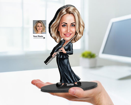 Custom caricature flute player figurine made from photo, personalized musician gift for flute teachers, students, and flutists.