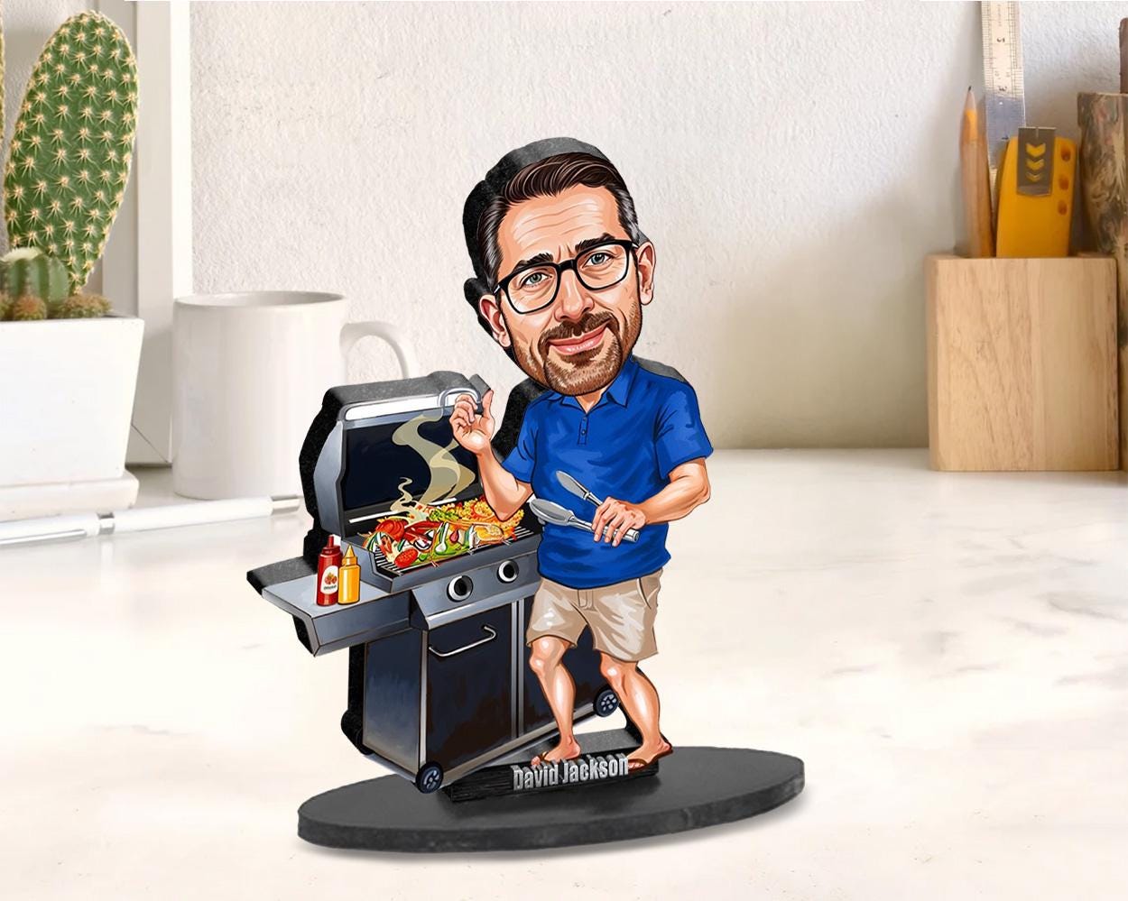 BBQ Master Gift | Father's Day Caricature & Keepsake | Custom Figurine, Magnet, Keychain, Car Charm