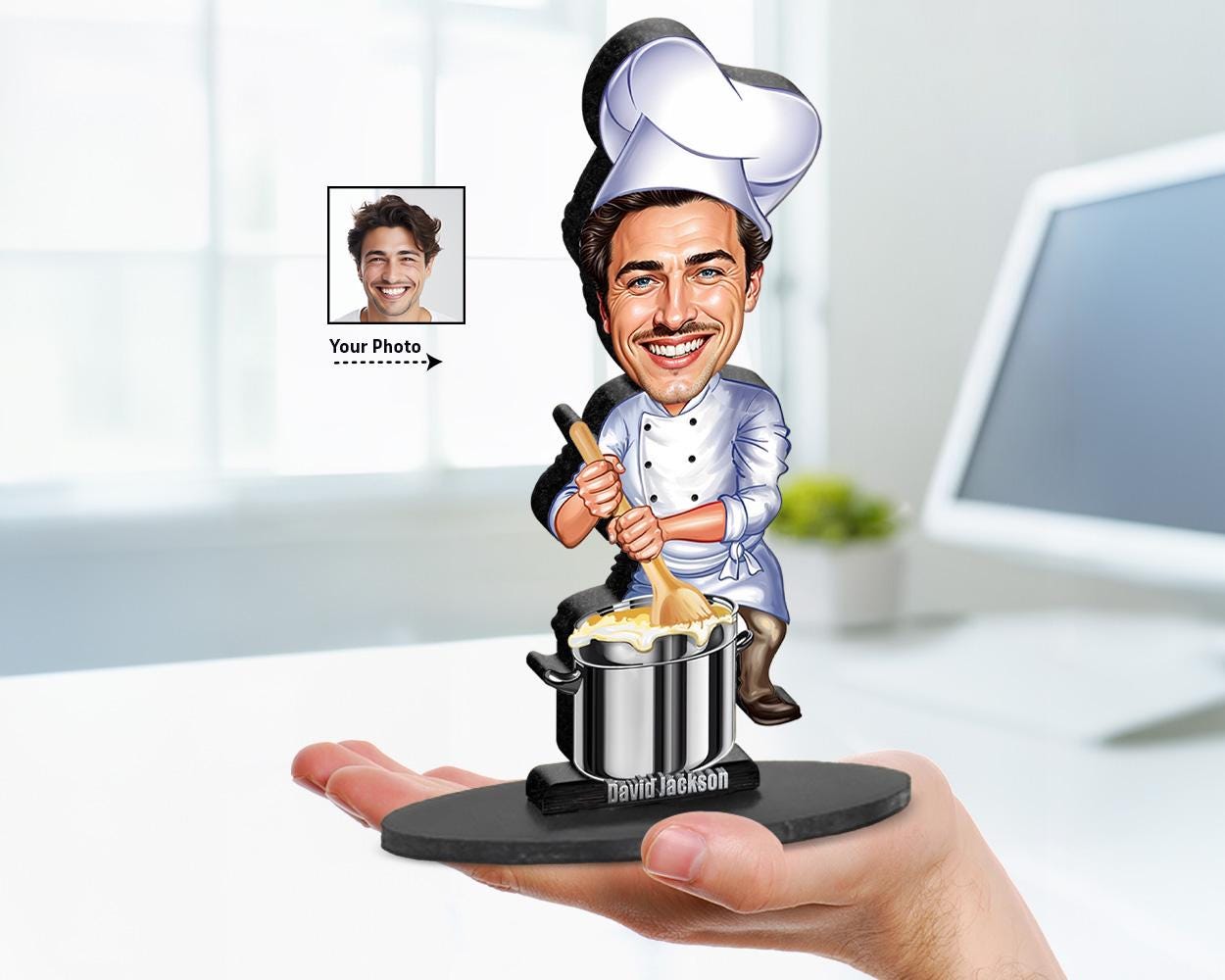 Big-head caricature of a male chef in a uniform with chef hat, stirring a pot, printed on wood or clear acrylic, standing pose, white background.