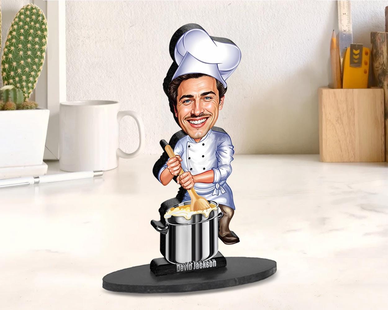 Personalized Male Chef Figurine | Custom Cooking Gift from Photo | Caricature Statue, Magnet, Keychain & Car Charm