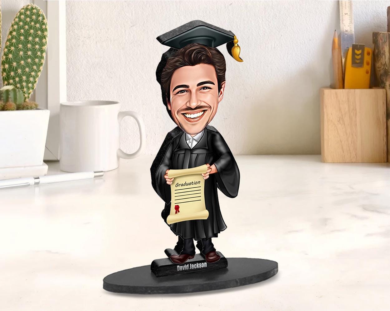 Custom Male Graduation Gift – Personalized Funny Figurine, Magnet, Keychain & Car Charm – Unique Portrait from Your Photo