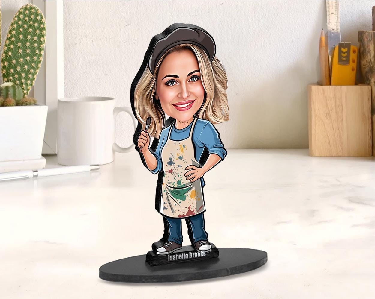 Custom Gift for Female Artist – Personalized Funny Figurine, Magnet, Keychain & Car Charm – Painter Portrait from Your Photo