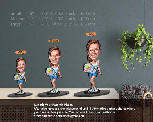 Custom Female Tennis Player Gift – Personalized Coach Figurine, Magnet, Keychain & Car Charm – Funny Caricature Portrait from Your Photo