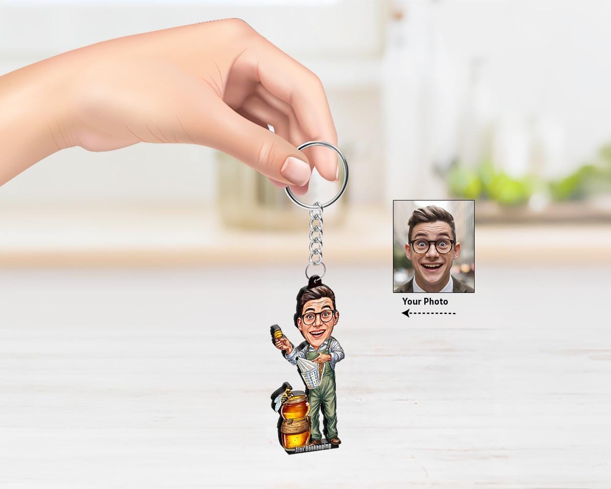 Custom Beekeeper Gift for Men – Personalized Funny Caricature Figurine, Magnet, Keychain & Car Charm – Unique Portrait from Your Photo