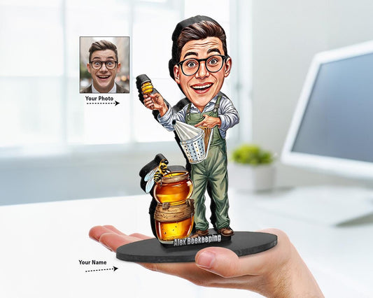 Big-head cartoon caricature of a beekeeper, custom-made from a photo, printed on clear acrylic or mounted on a wooden base.